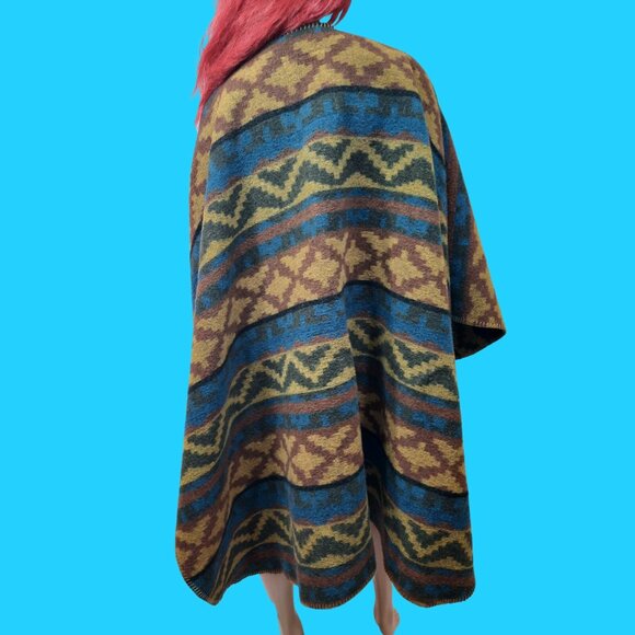 Vintage 90s Wool Blanket Coat Wrap Cape Poncho Southwestern Aztec One Size Boho - Picture 5 of 6